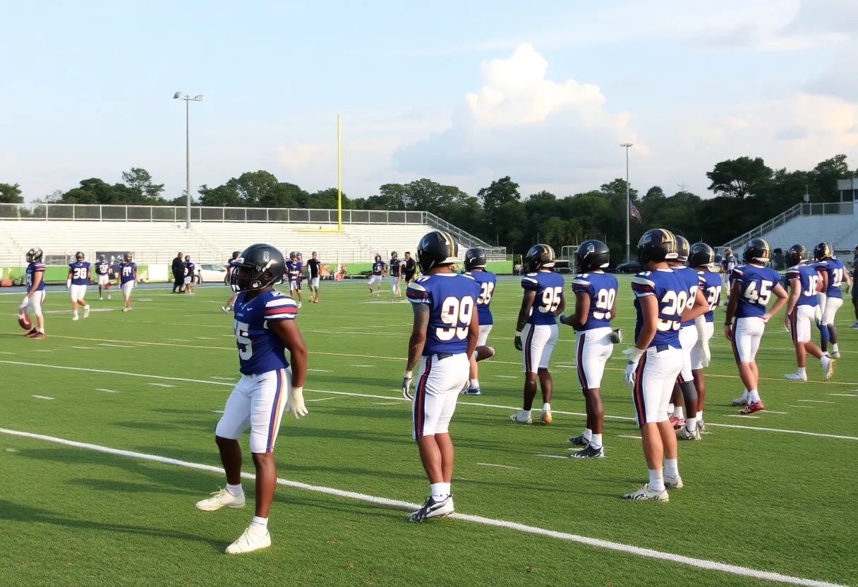 High school football players in Louisiana during scrimmages.