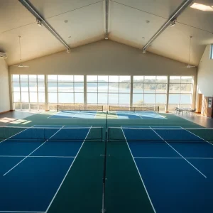 View of the indoor pickleball courts with reception area