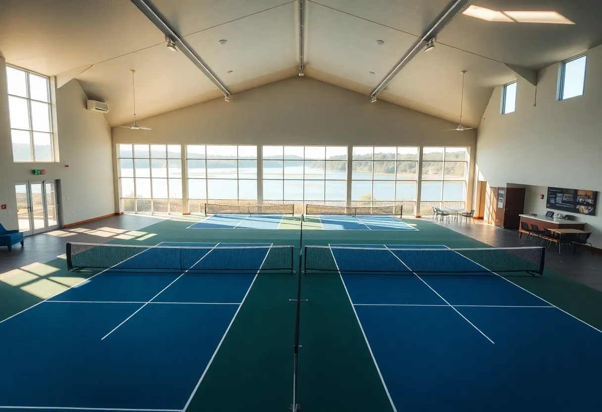 View of the indoor pickleball courts with reception area