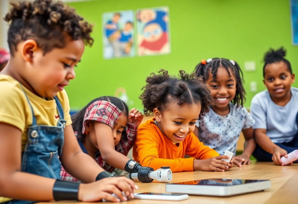 Children using innovative prosthetics in a playful environment