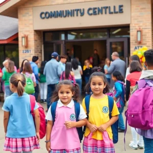 Families and children attending the Khaki Fair for free school uniforms