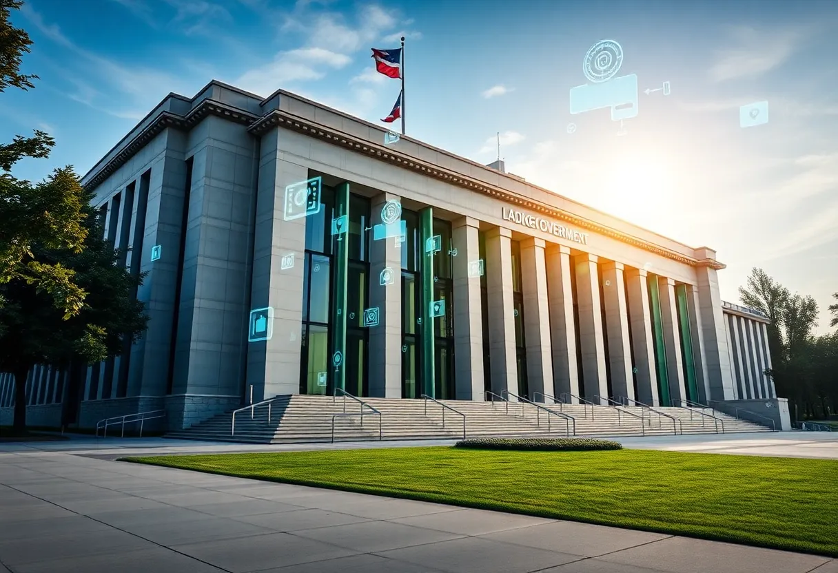 Illustration of a government building with technology motifs signifying efficiency.