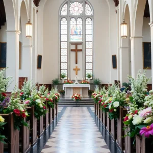 Memorial service setup with flowers and candles.