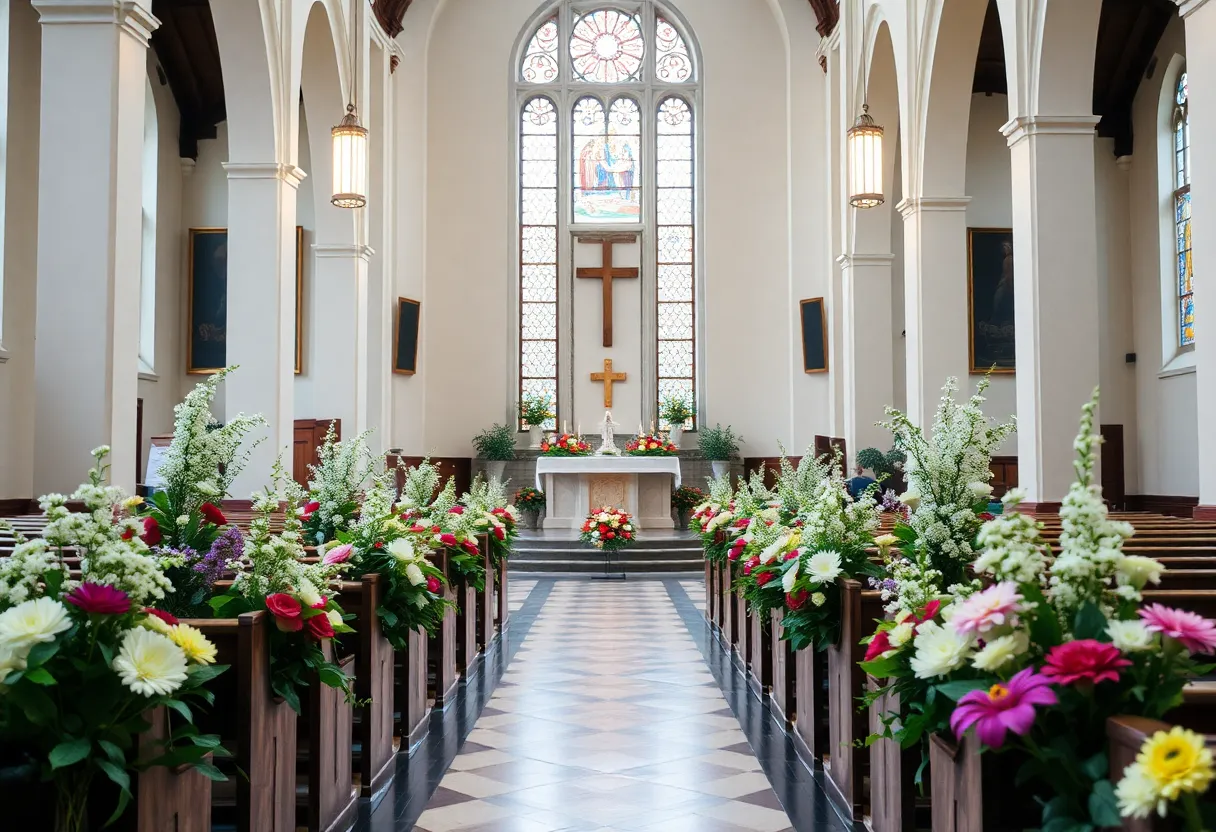 Memorial service setup with flowers and candles.