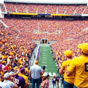 Fans cheering for LSU football in a packed stadium