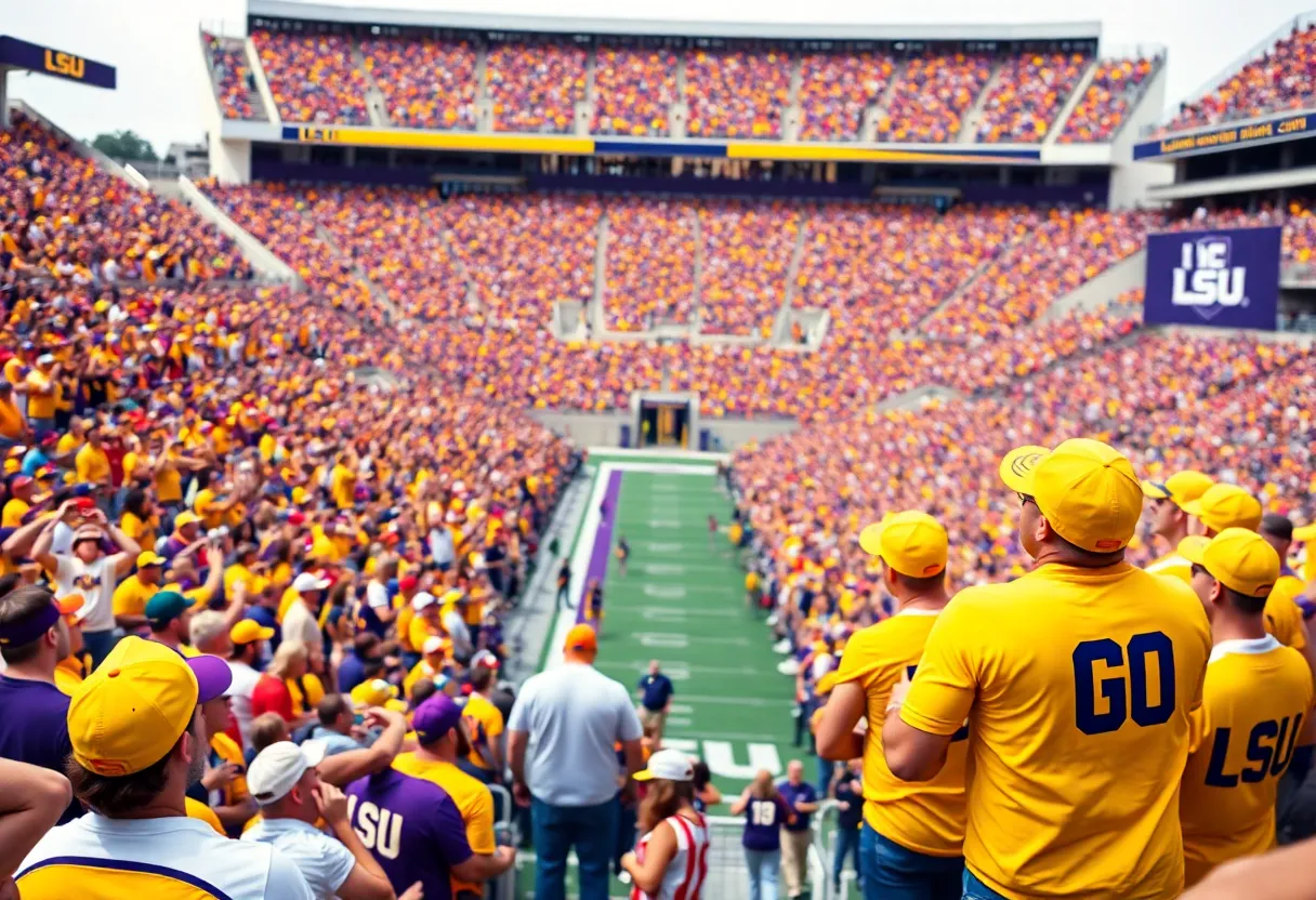 Fans cheering for LSU football in a packed stadium