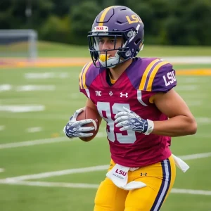 College football player practicing with LSU team gear