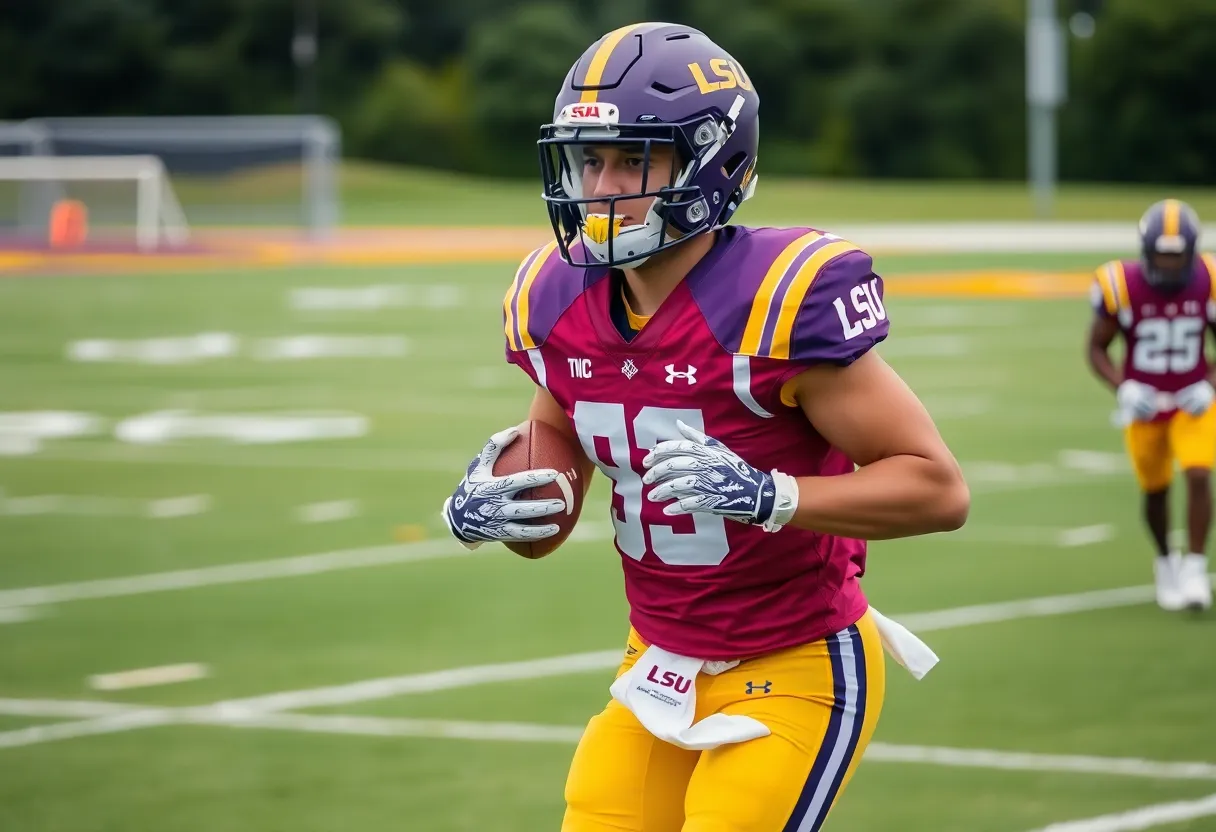 College football player practicing with LSU team gear