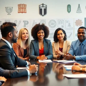 Meeting of LSU's presidential search committee in a conference room.
