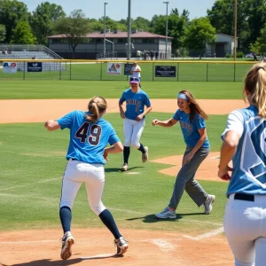 LSU softball players practicing on the field