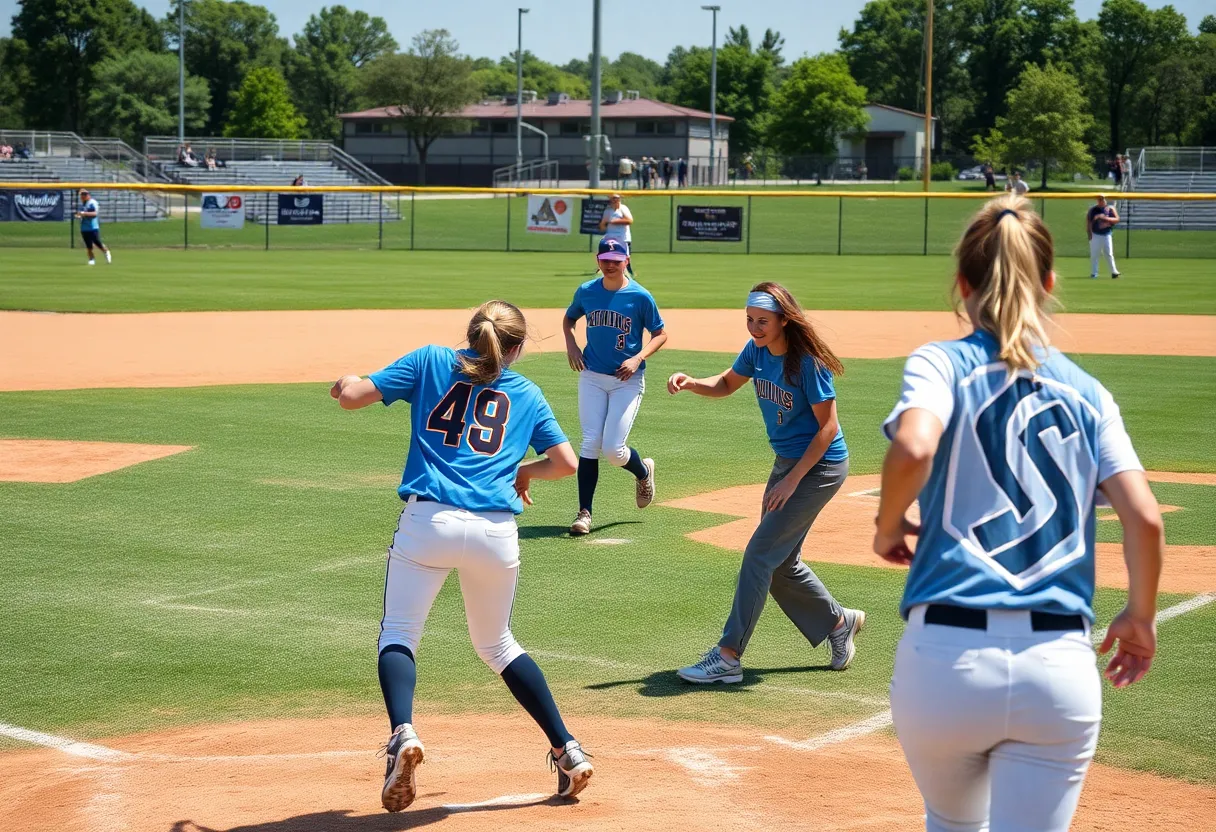 LSU softball players practicing on the field