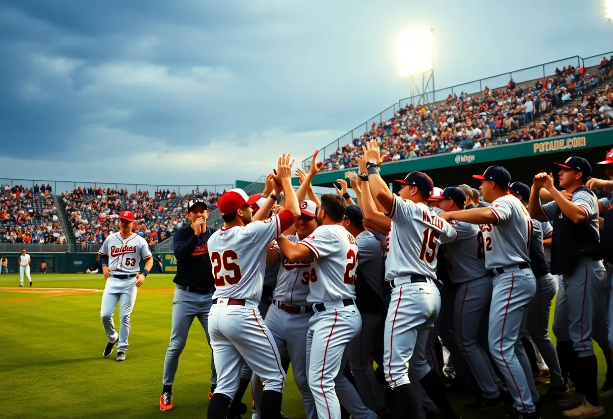 LSU Tigers baseball team celebrating victory