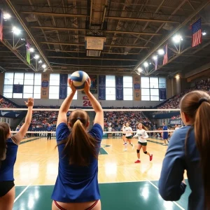 LSU volleyball players in action during a match with fans in the background