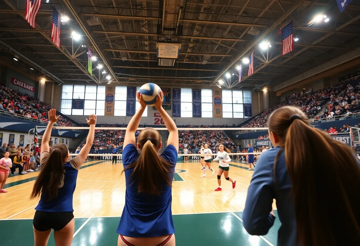 LSU volleyball players in action during a match with fans in the background