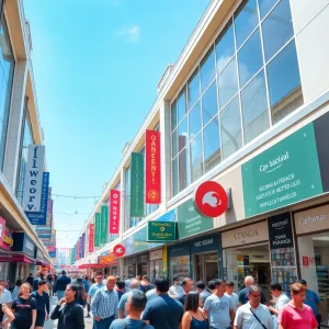 A lively shopping mall filled with diverse stores and shoppers.