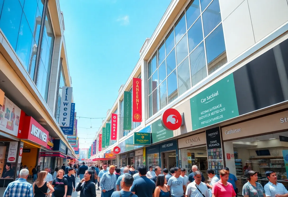 A lively shopping mall filled with diverse stores and shoppers.