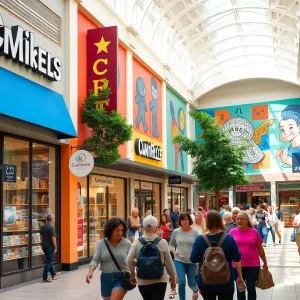 Exterior view of Mall St. Vincent in Shreveport, Louisiana, with shoppers enjoying the vibrant atmosphere.
