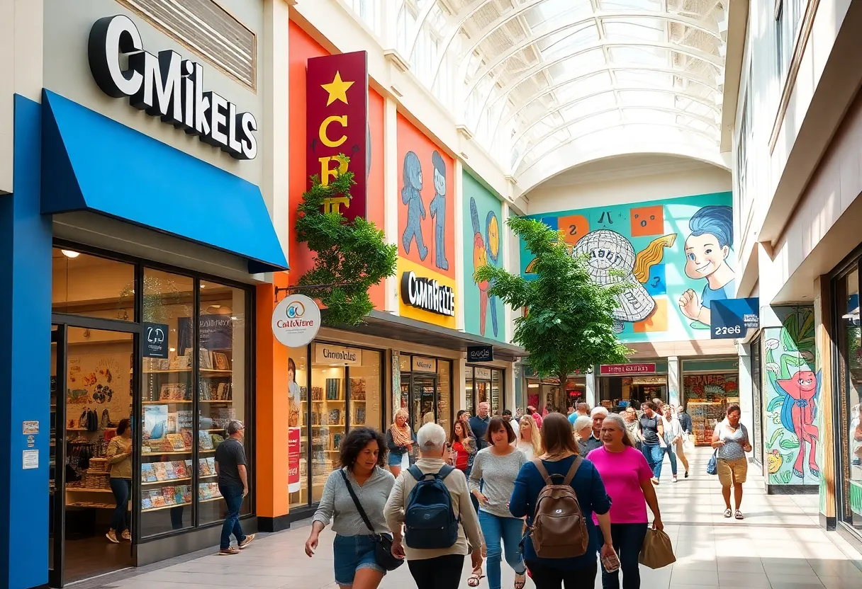 Exterior view of Mall St. Vincent in Shreveport, Louisiana, with shoppers enjoying the vibrant atmosphere.