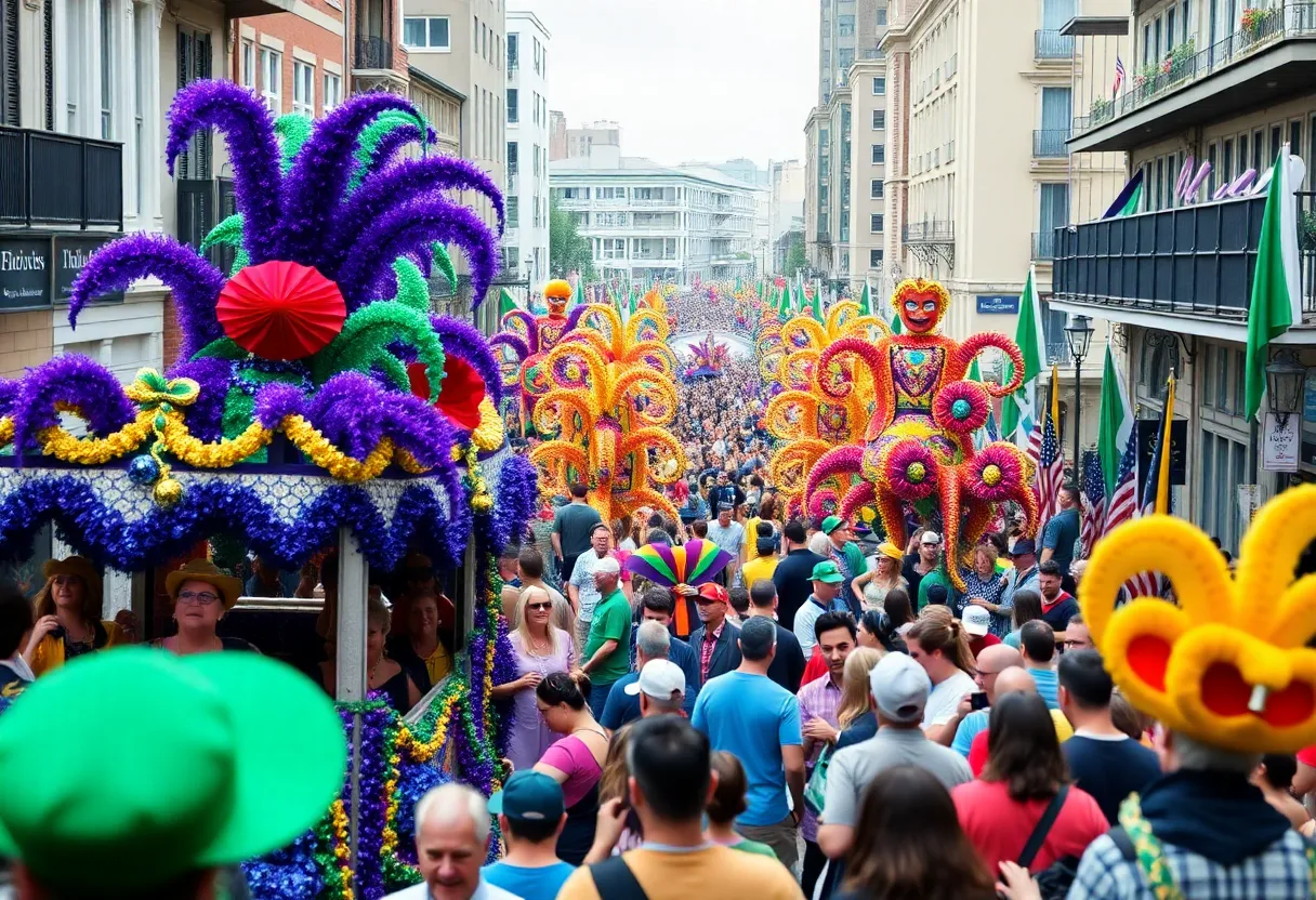 Crowd celebration during Mardi Gras parade in New Orleans