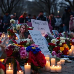Memorial with flowers and candles for victims of gun violence.