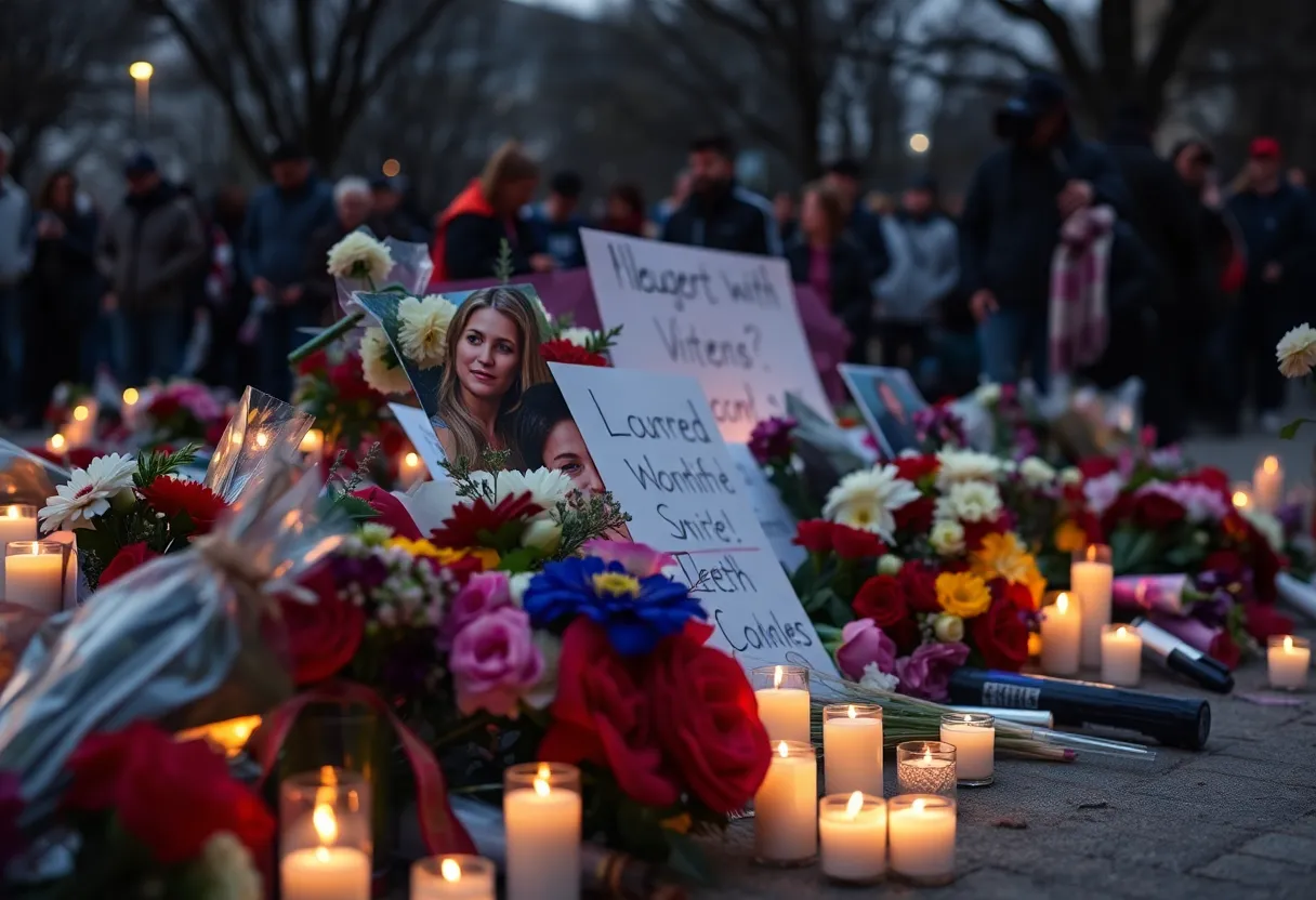 Memorial with flowers and candles for victims of gun violence.
