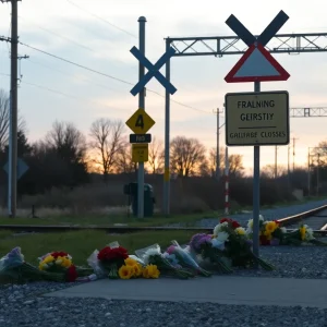 A memorial with flowers at a railroad crossing
