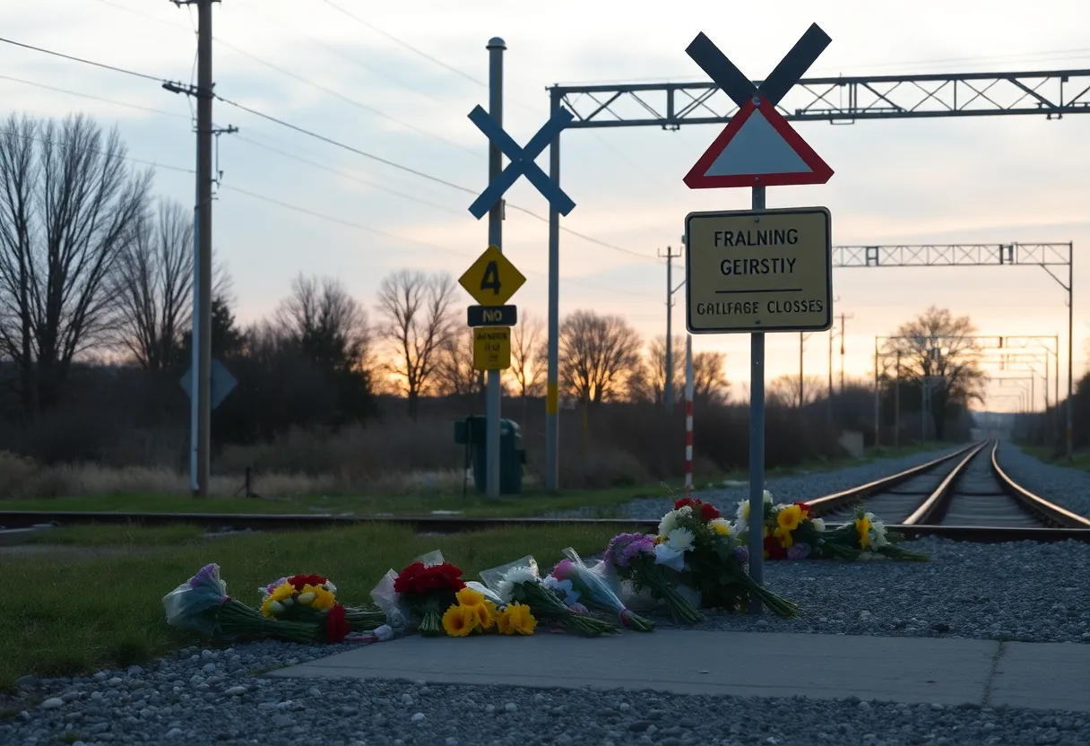 A memorial with flowers at a railroad crossing