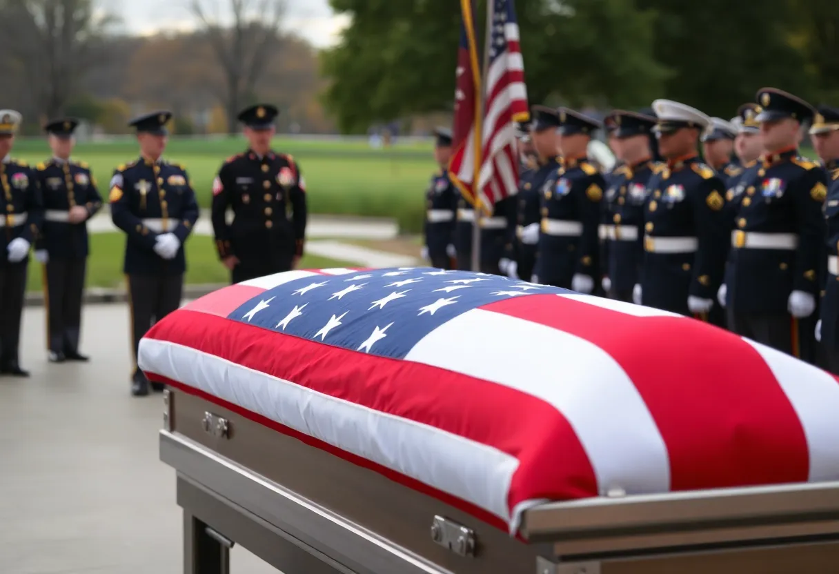 Ceremony for military honors with soldiers and a flag-draped coffin