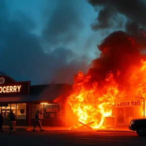 Firefighters battling a major fire at Rite-Way Grocery and JJ’s Lounge in Natchez.