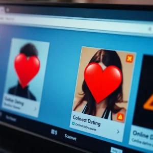 Illustration warning against online romance scams with heart icons on a computer screen