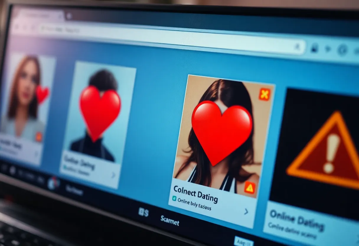 Illustration warning against online romance scams with heart icons on a computer screen