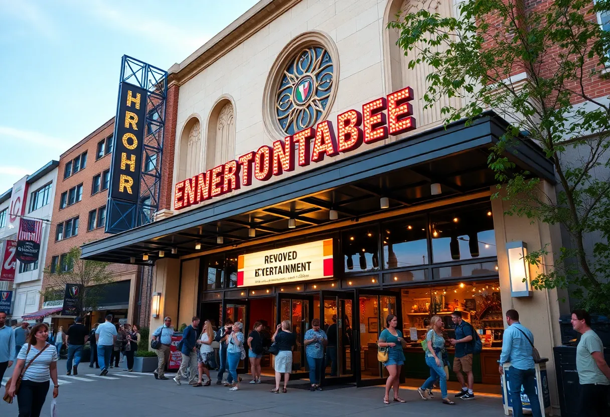 Exterior view of a renovated entertainment venue with community events