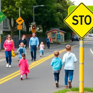 Bright yellow road markings indicating a school zone with speed camera