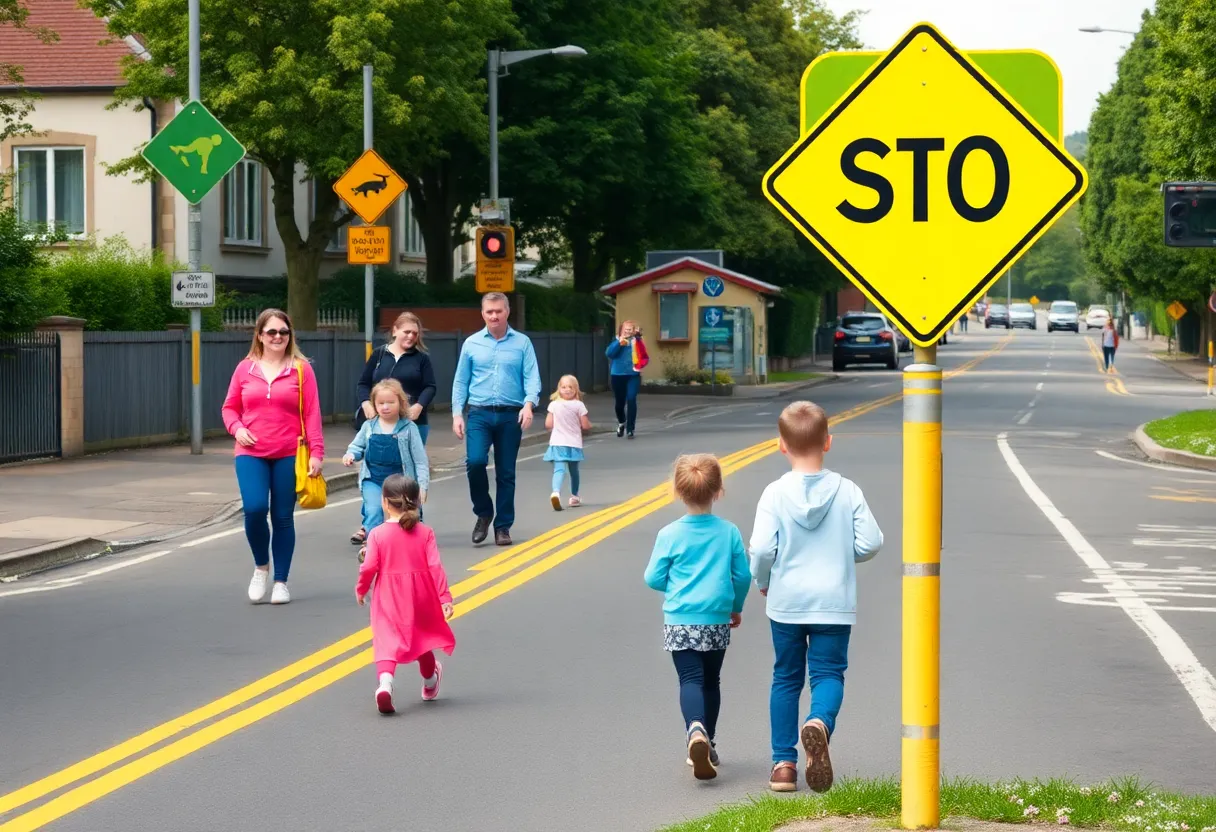Bright yellow road markings indicating a school zone with speed camera