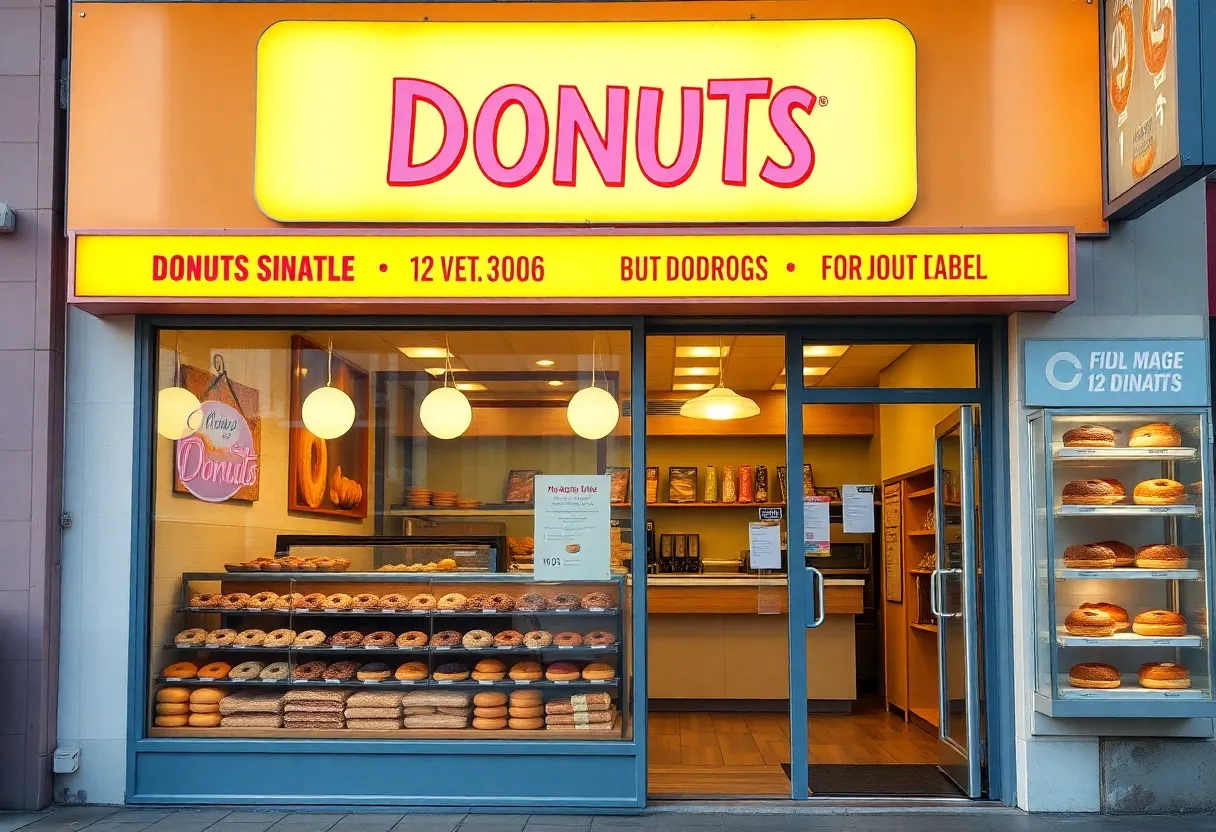 Exterior view of Shipley Do-Nuts store with a variety of donuts displayed.