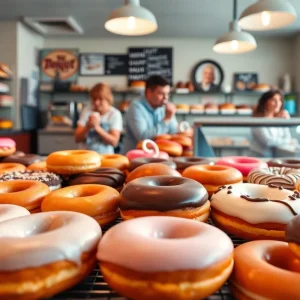 Assorted donuts displayed in a bakery