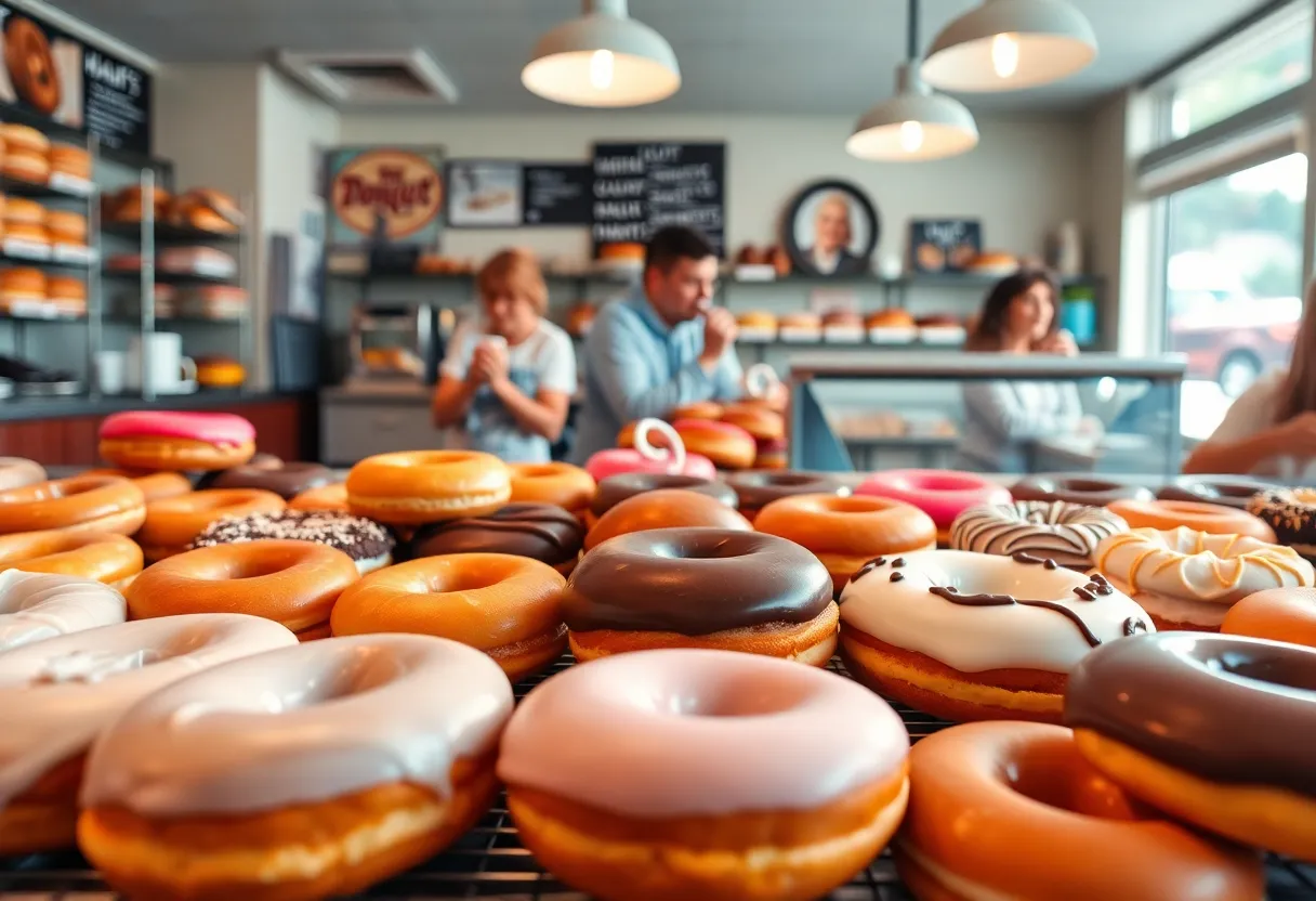 Assorted donuts displayed in a bakery
