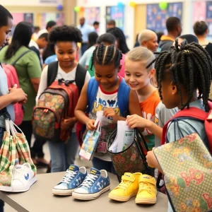 Families receiving school supplies and backpacks at a community giveaway event.