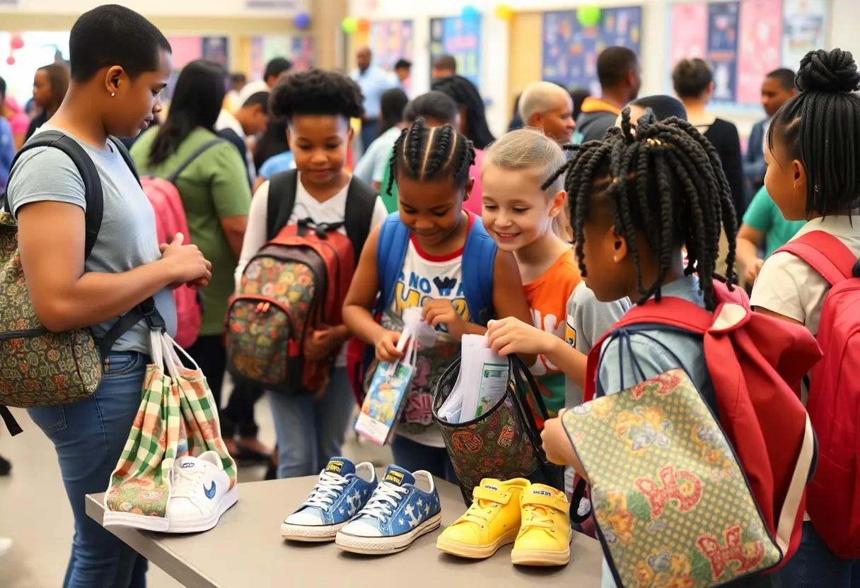 Families receiving school supplies and backpacks at a community giveaway event.