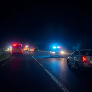 Emergency vehicles respond to a car crash on a highway at night