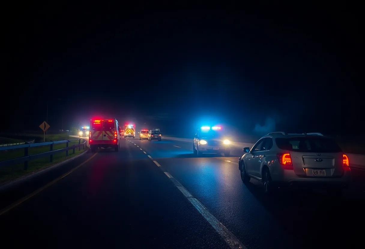 Emergency vehicles respond to a car crash on a highway at night