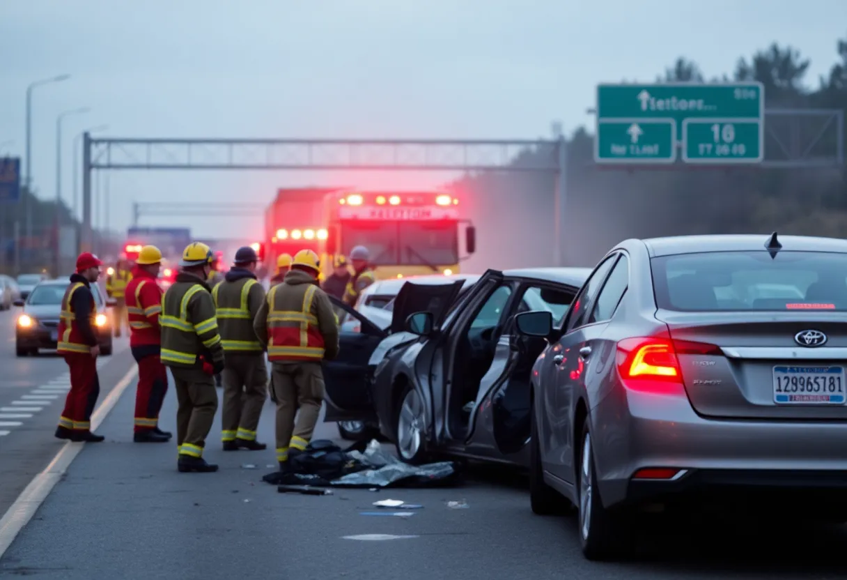 Accident scene on LA 3132 with emergency personnel responding