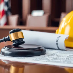 Courtroom scene with a gavel and construction helmet