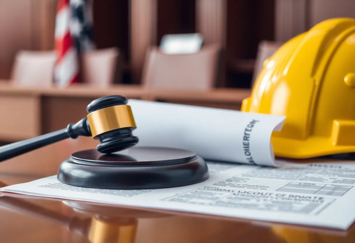 Courtroom scene with a gavel and construction helmet