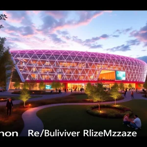Conceptual design of Shreveport G-Dome featuring LED lights and green park