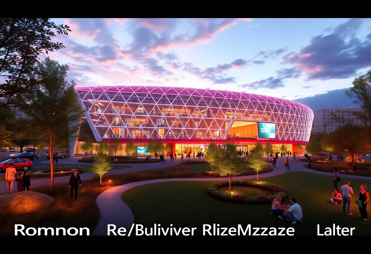 Conceptual design of Shreveport G-Dome featuring LED lights and green park