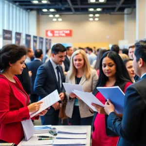 Job seekers interacting with employers at a job fair in Shreveport.