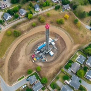 Aerial view of Shreveport showing drilling site and residential area