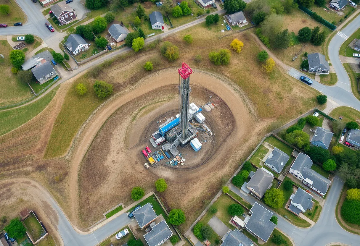 Aerial view of Shreveport showing drilling site and residential area