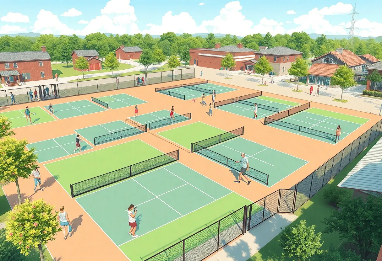 Illustration of a pickleball facility with courts and players